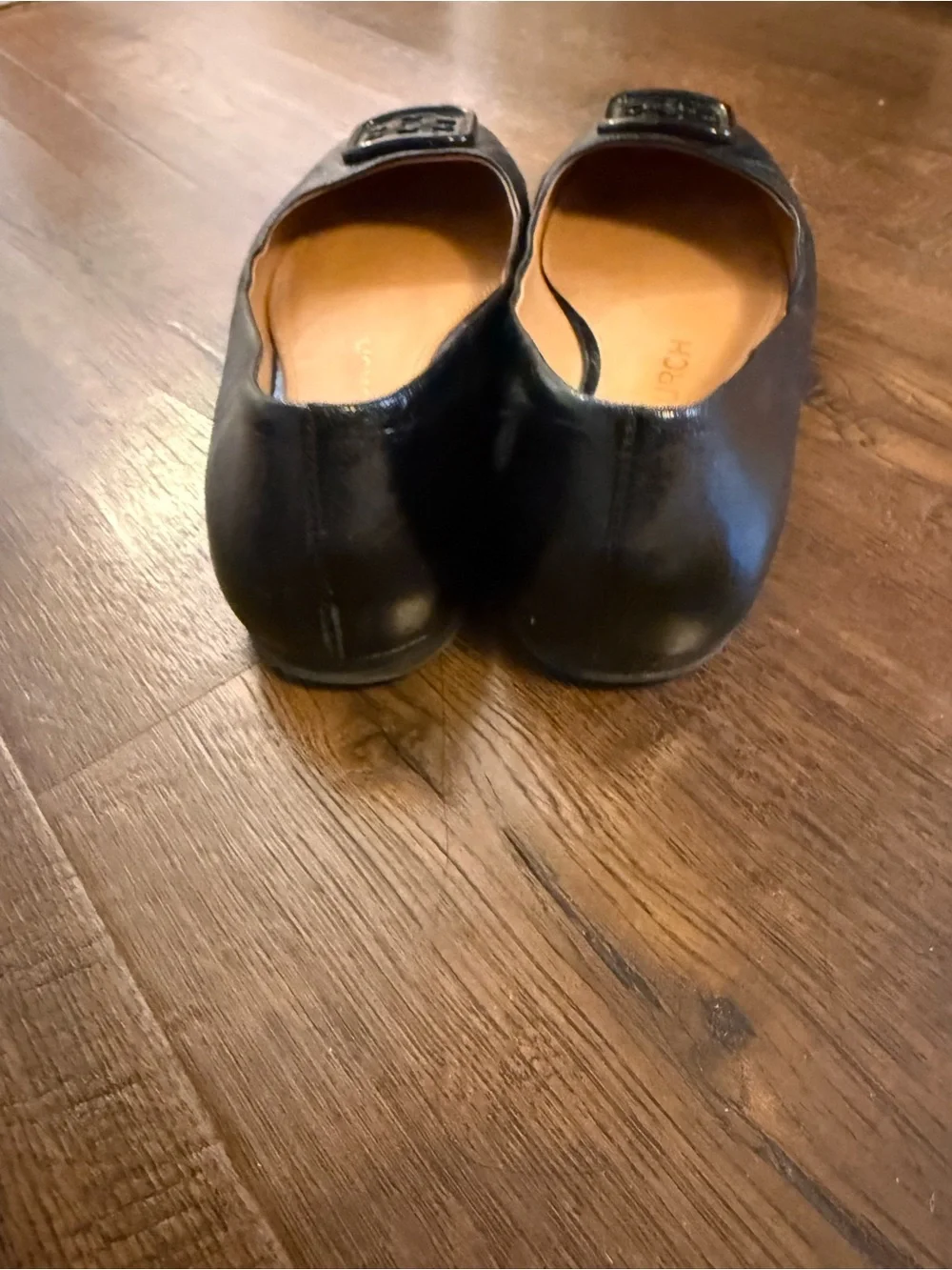 Tory Burch Black Leather Square-Toe Logo Flats